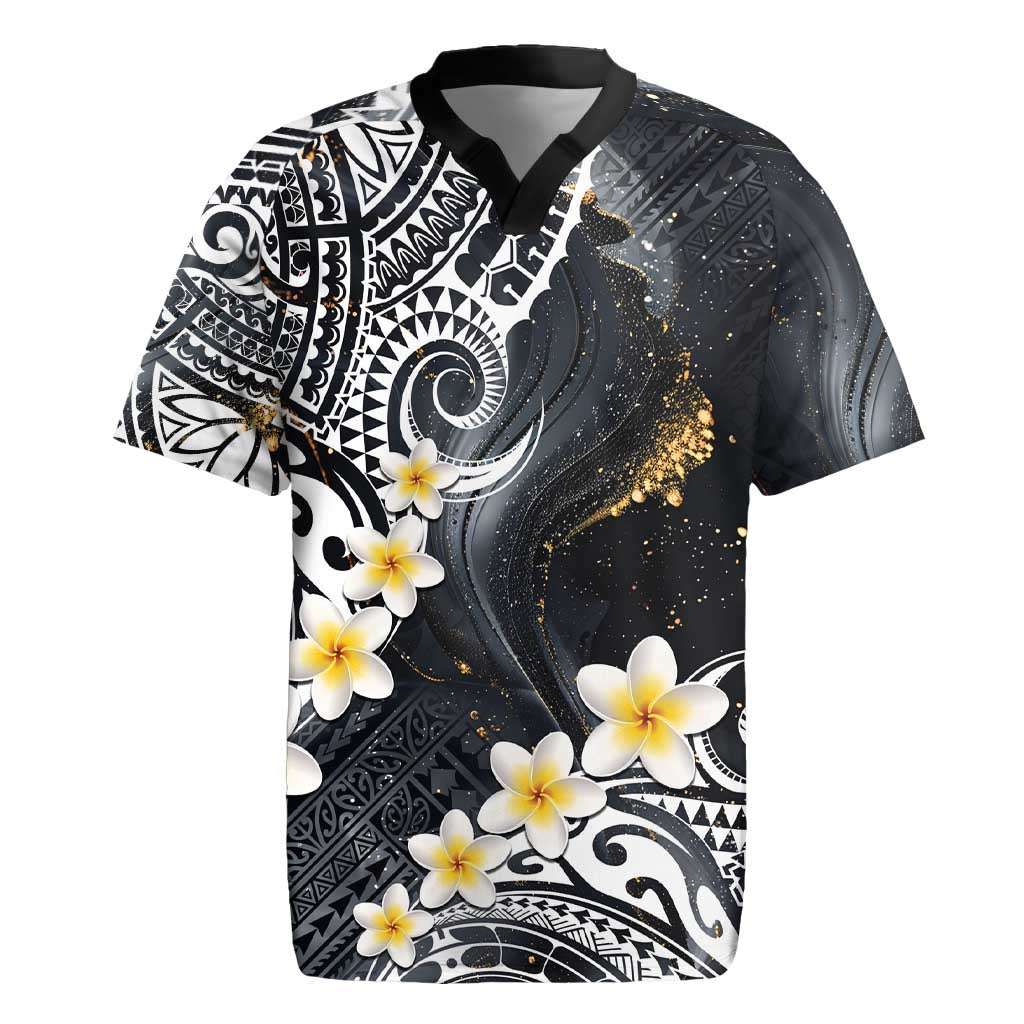 Polynesian Tribal Tattoo Rugby Jersey Plumeria Black Gold Marble Pattern
