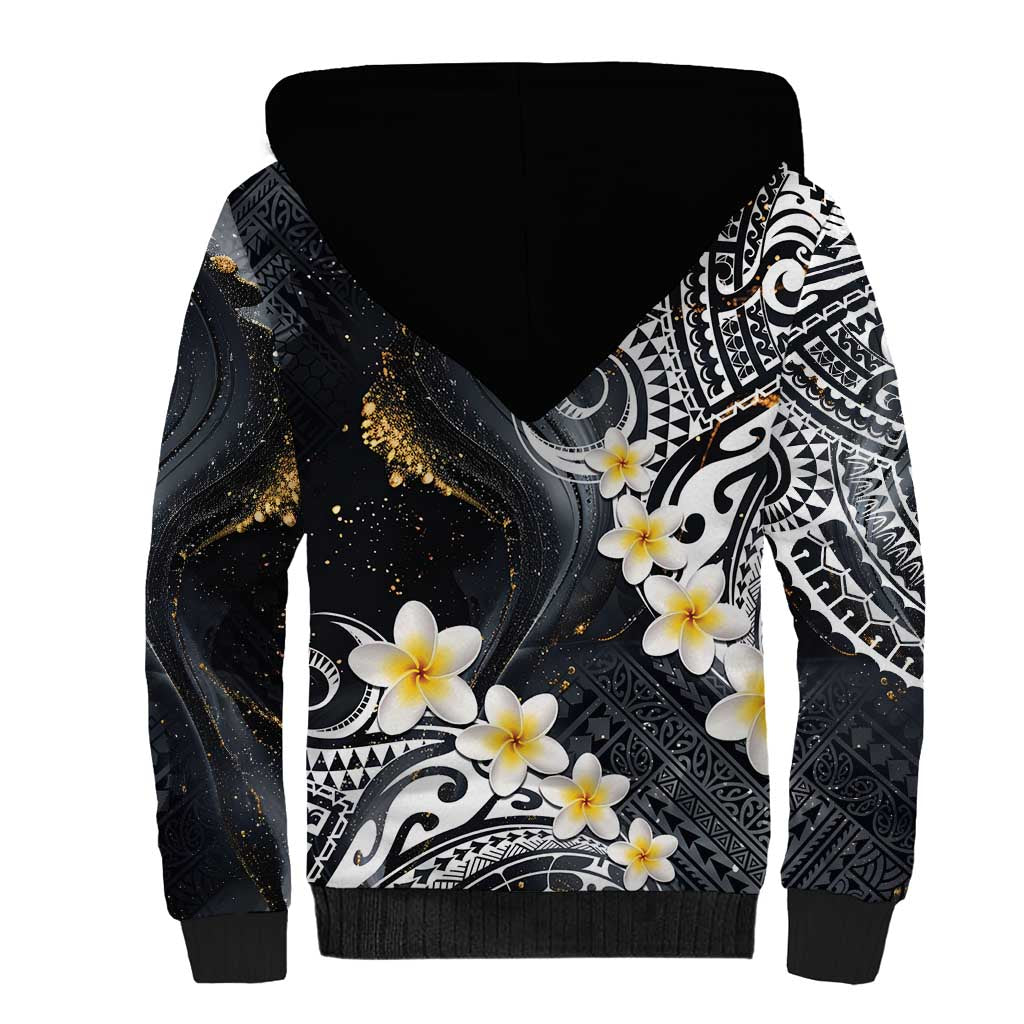 Polynesian Tribal Tattoo Sherpa Hoodie Plumeria Black Gold Marble Pattern