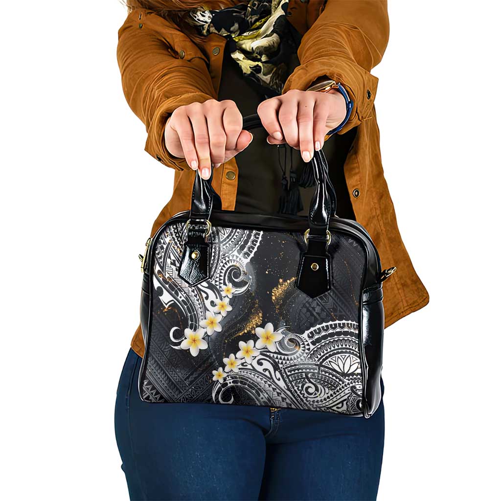 Polynesian Tribal Tattoo Shoulder Handbag Plumeria Black Gold Marble Pattern