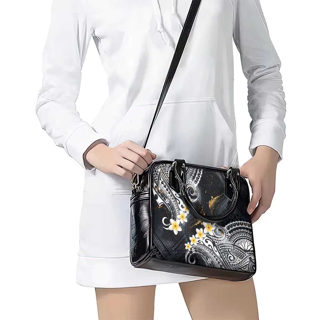 Polynesian Tribal Tattoo Shoulder Handbag Plumeria Black Gold Marble Pattern
