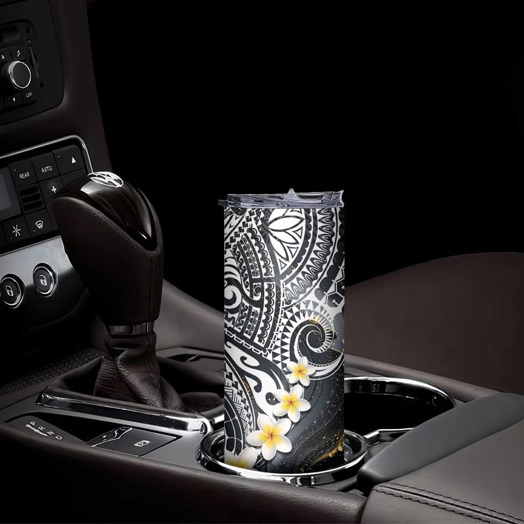 Polynesian Tribal Tattoo Skinny Tumbler Plumeria Black Gold Marble Pattern