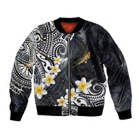 Polynesian Tribal Tattoo Sleeve Zip Bomber Jacket Plumeria Black Gold Marble Pattern