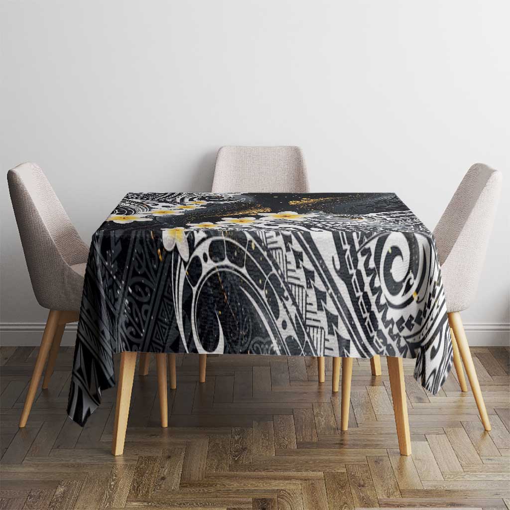 Polynesian Tribal Tattoo Tablecloth Plumeria Black Gold Marble Pattern
