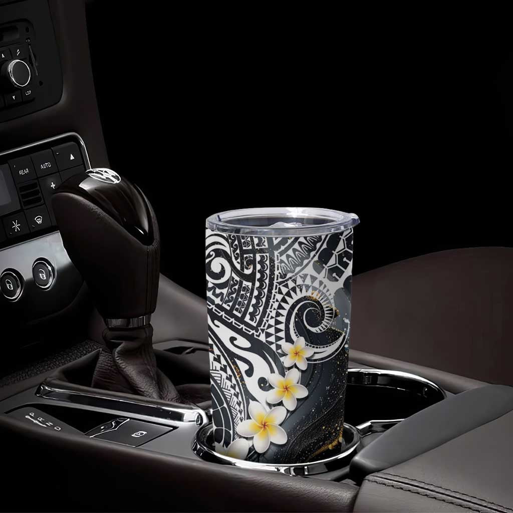 Polynesian Tribal Tattoo Tumbler Cup Plumeria Black Gold Marble Pattern