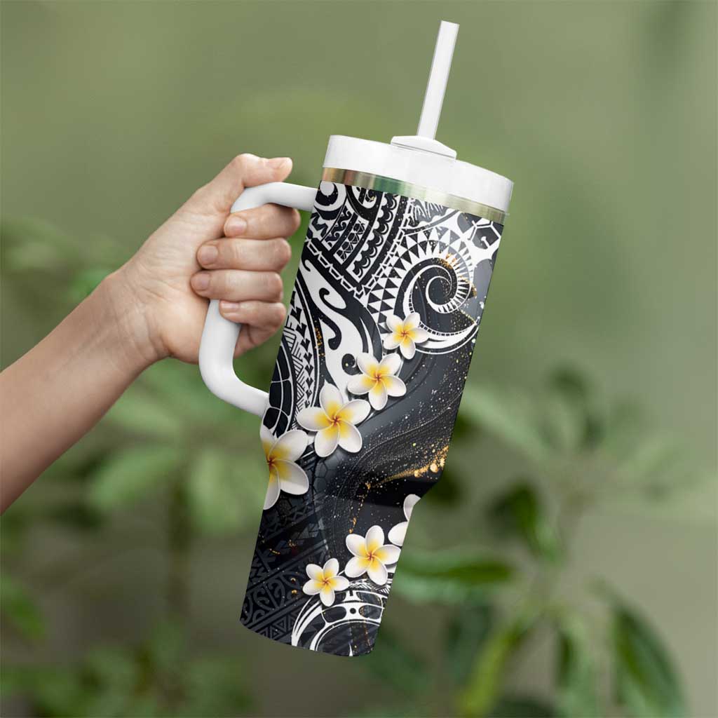 Polynesian Tribal Tattoo Tumbler With Handle Plumeria Black Gold Marble Pattern