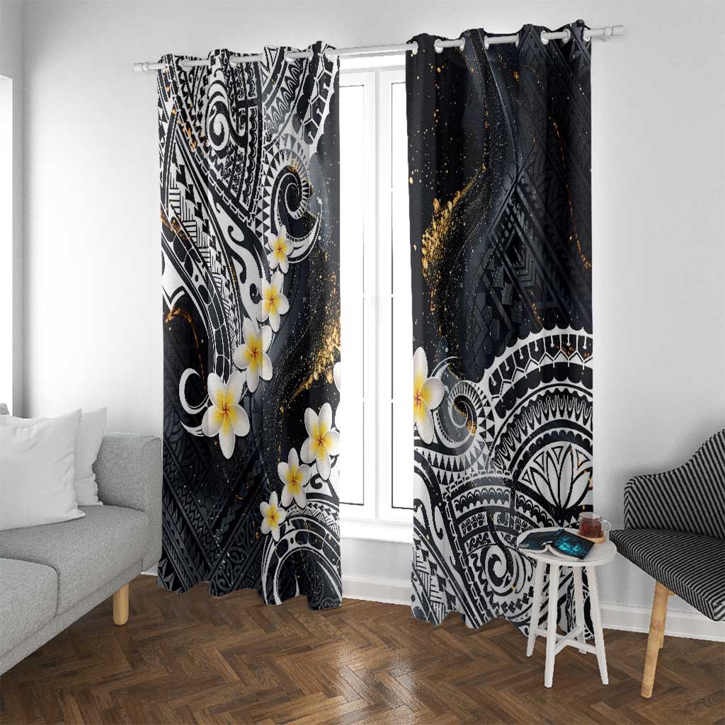 Polynesian Tribal Tattoo Window Curtain Plumeria Black Gold Marble Pattern