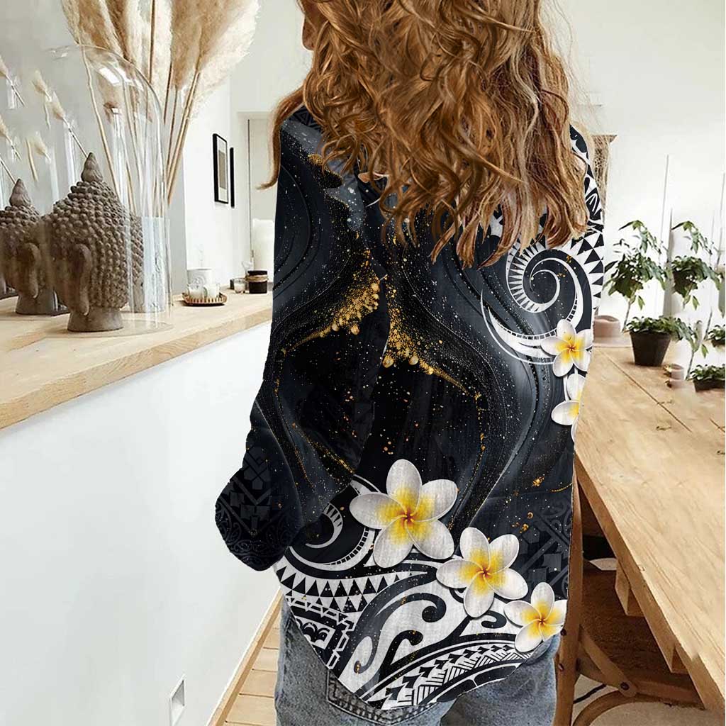 Polynesian Tribal Tattoo Women Casual Shirt Plumeria Black Gold Marble Pattern