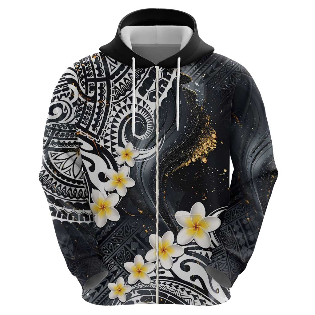 Polynesian Tribal Tattoo Zip Hoodie Plumeria Black Gold Marble Pattern