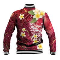 Polynesian Tribal Tattoo Baseball Jacket Plumeria Blood Red and Gold Marble Pattern