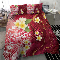 Polynesian Tribal Tattoo Bedding Set Plumeria Blood Red and Gold Marble Pattern