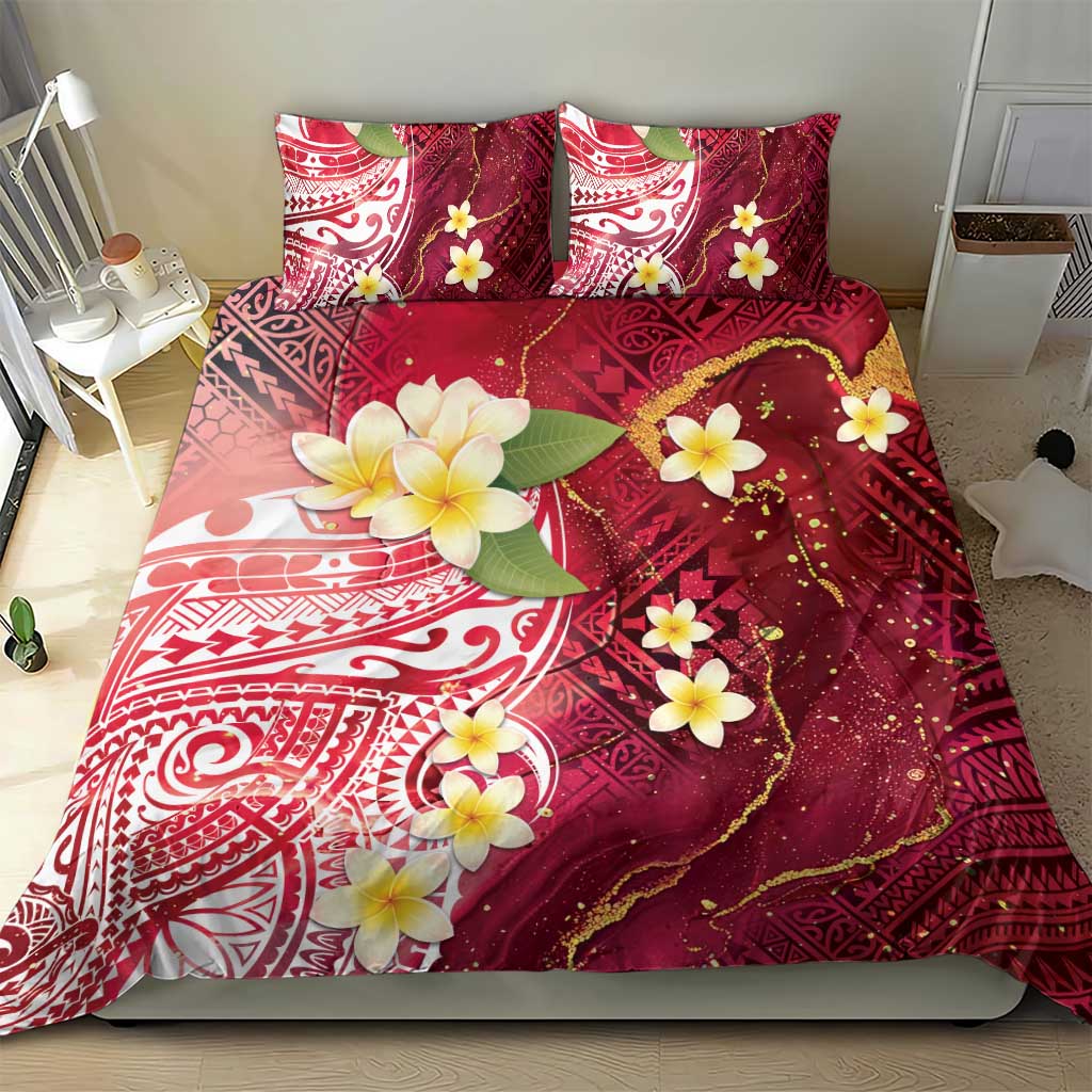 Polynesian Tribal Tattoo Bedding Set Plumeria Blood Red and Gold Marble Pattern