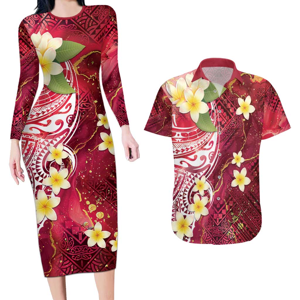 Polynesian Tribal Tattoo Couples Matching Long Sleeve Bodycon Dress and Hawaiian Shirt Plumeria Blood Red and Gold Marble Pattern