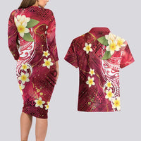Polynesian Tribal Tattoo Couples Matching Long Sleeve Bodycon Dress and Hawaiian Shirt Plumeria Blood Red and Gold Marble Pattern