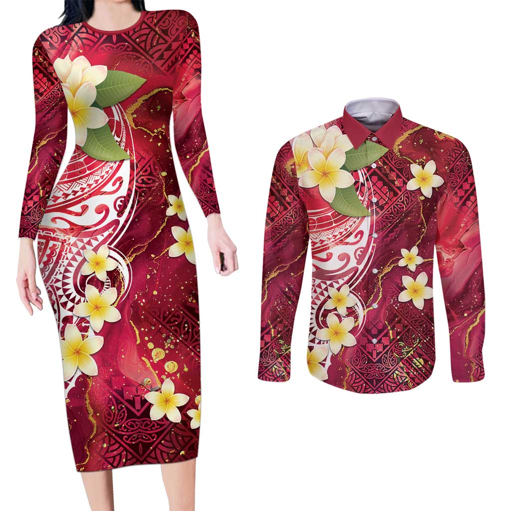 Polynesian Tribal Tattoo Couples Matching Long Sleeve Bodycon Dress and Long Sleeve Button Shirt Plumeria Blood Red and Gold Marble Pattern