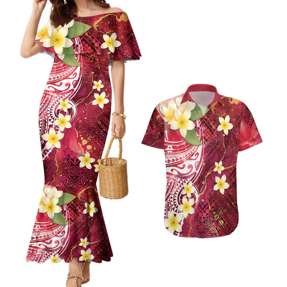 Polynesian Tribal Tattoo Couples Matching Mermaid Dress and Hawaiian Shirt Plumeria Blood Red and Gold Marble Pattern