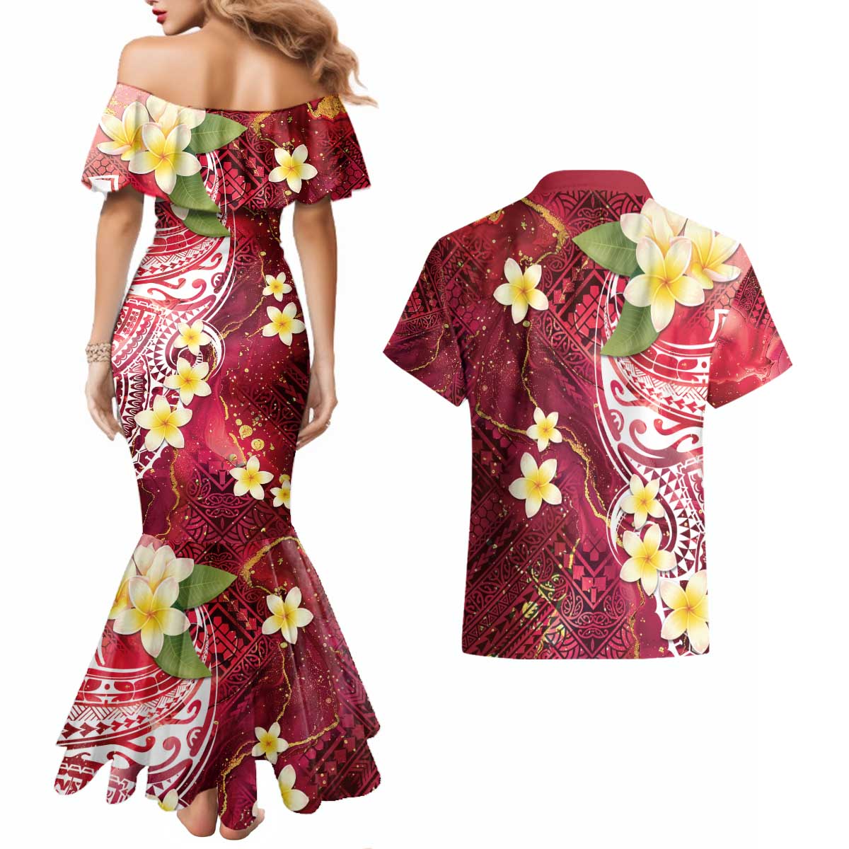 Polynesian Tribal Tattoo Couples Matching Mermaid Dress and Hawaiian Shirt Plumeria Blood Red and Gold Marble Pattern