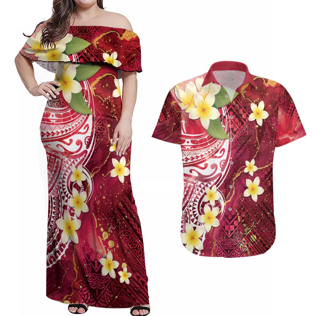 Polynesian Tribal Tattoo Couples Matching Off Shoulder Maxi Dress and Hawaiian Shirt Plumeria Blood Red and Gold Marble Pattern