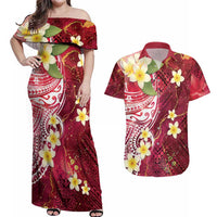 Polynesian Tribal Tattoo Couples Matching Off Shoulder Maxi Dress and Hawaiian Shirt Plumeria Blood Red and Gold Marble Pattern