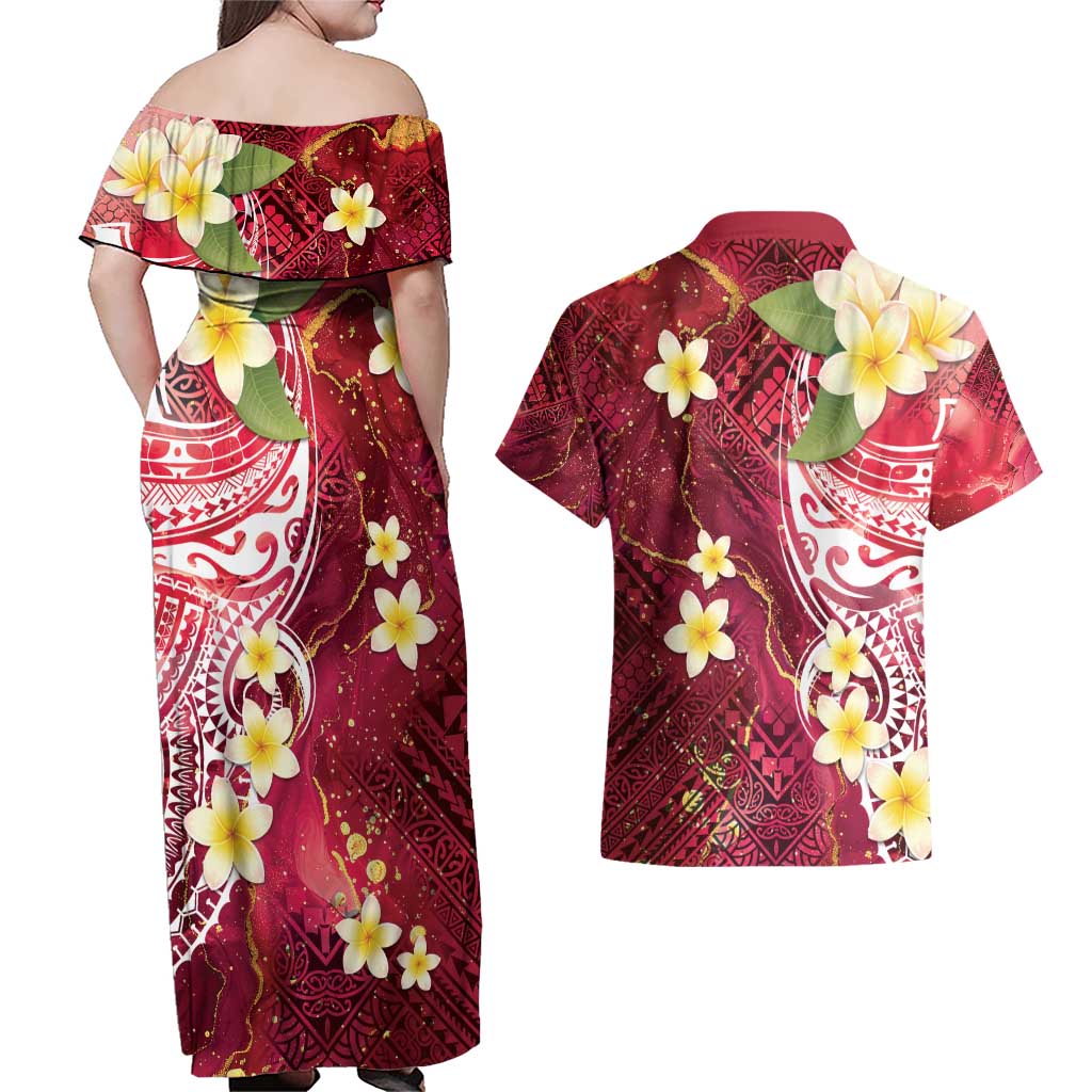 Polynesian Tribal Tattoo Couples Matching Off Shoulder Maxi Dress and Hawaiian Shirt Plumeria Blood Red and Gold Marble Pattern