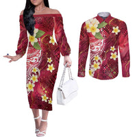 Polynesian Tribal Tattoo Couples Matching Off The Shoulder Long Sleeve Dress and Long Sleeve Button Shirt Plumeria Blood Red and Gold Marble Pattern