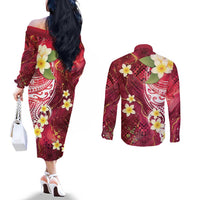Polynesian Tribal Tattoo Couples Matching Off The Shoulder Long Sleeve Dress and Long Sleeve Button Shirt Plumeria Blood Red and Gold Marble Pattern