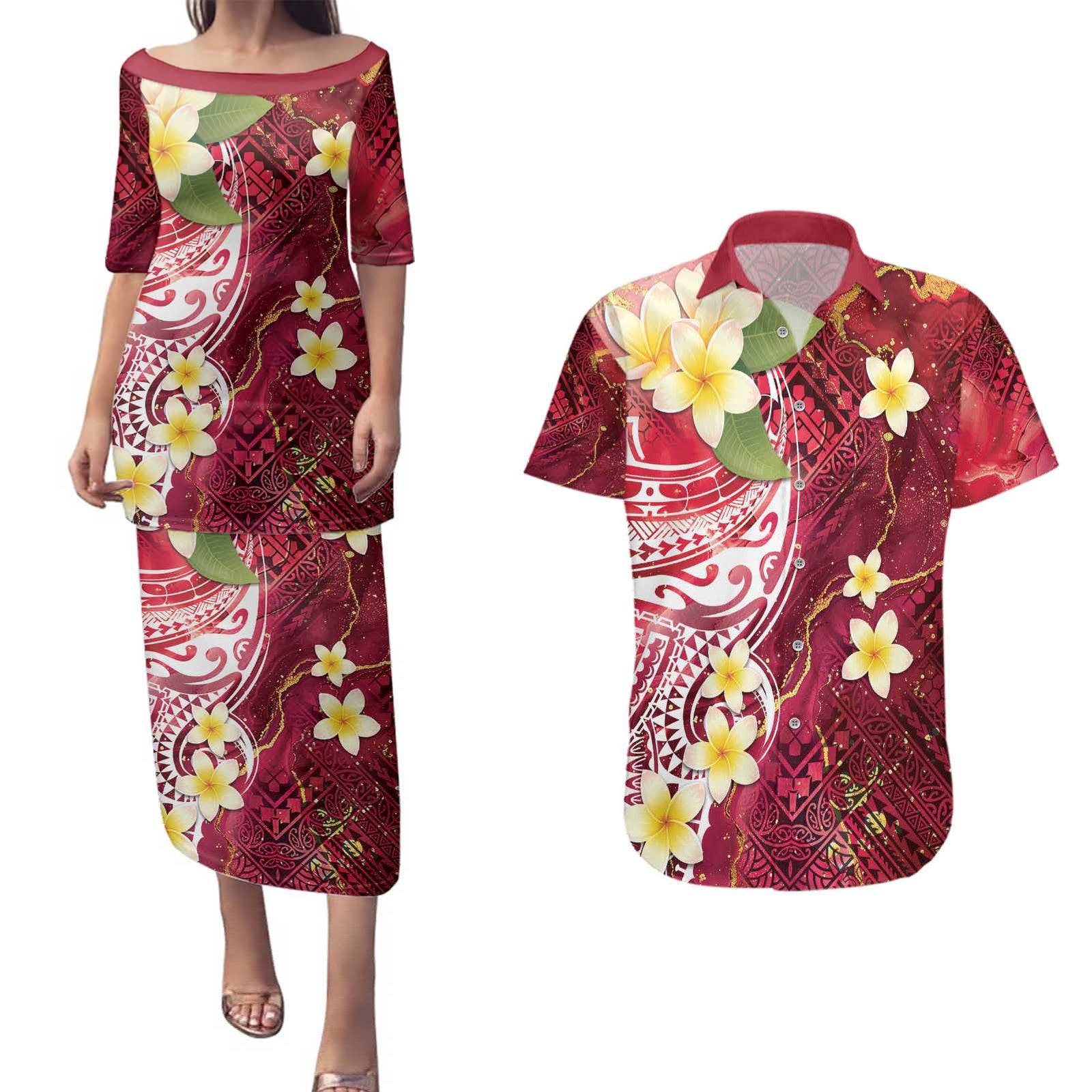 Polynesian Tribal Tattoo Couples Matching Puletasi and Hawaiian Shirt Plumeria Blood Red and Gold Marble Pattern