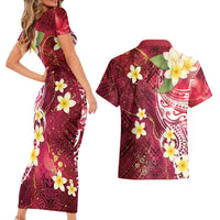 Polynesian Tribal Tattoo Couples Matching Short Sleeve Bodycon Dress and Hawaiian Shirt Plumeria Blood Red and Gold Marble Pattern