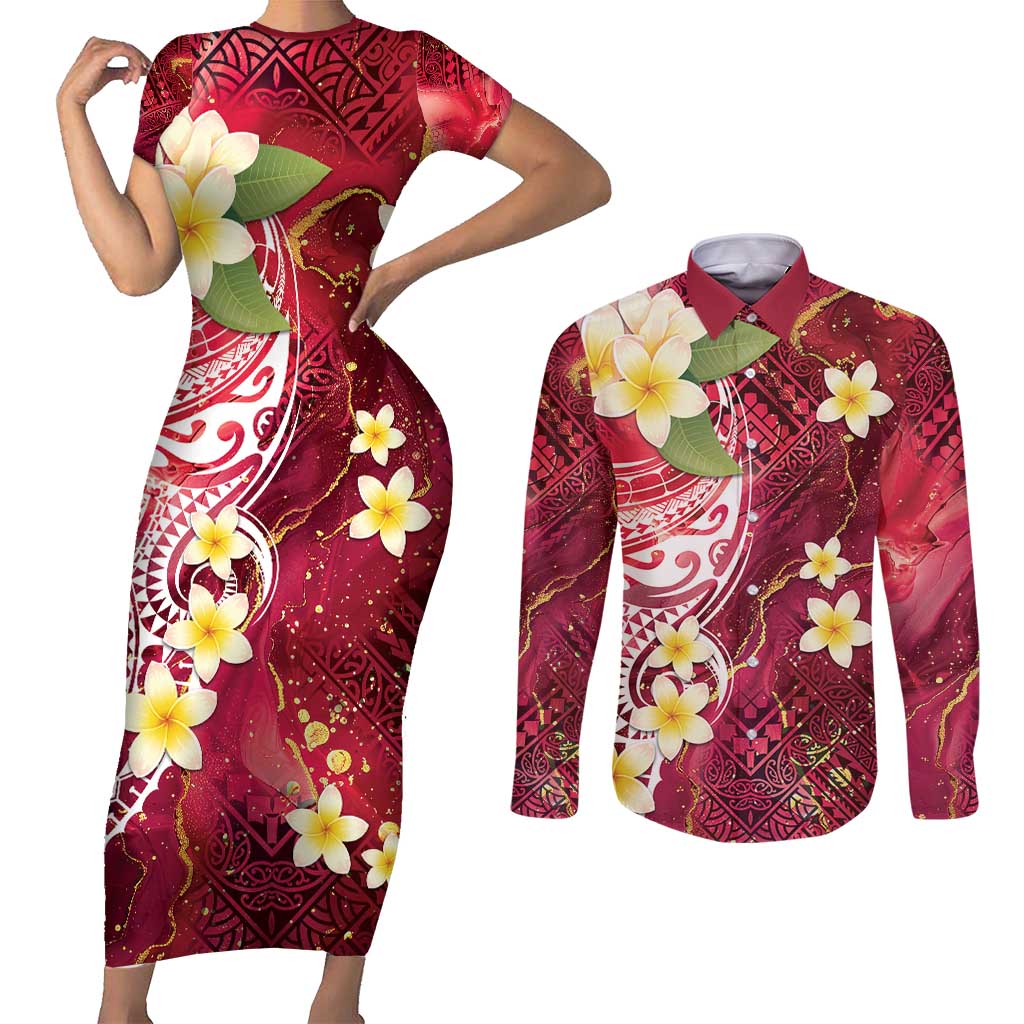 Polynesian Tribal Tattoo Couples Matching Short Sleeve Bodycon Dress and Long Sleeve Button Shirt Plumeria Blood Red and Gold Marble Pattern