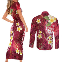Polynesian Tribal Tattoo Couples Matching Short Sleeve Bodycon Dress and Long Sleeve Button Shirt Plumeria Blood Red and Gold Marble Pattern