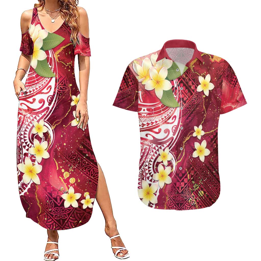 Polynesian Tribal Tattoo Couples Matching Summer Maxi Dress and Hawaiian Shirt Plumeria Blood Red and Gold Marble Pattern