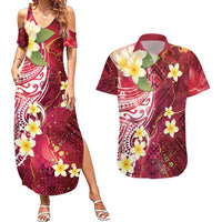 Polynesian Tribal Tattoo Couples Matching Summer Maxi Dress and Hawaiian Shirt Plumeria Blood Red and Gold Marble Pattern