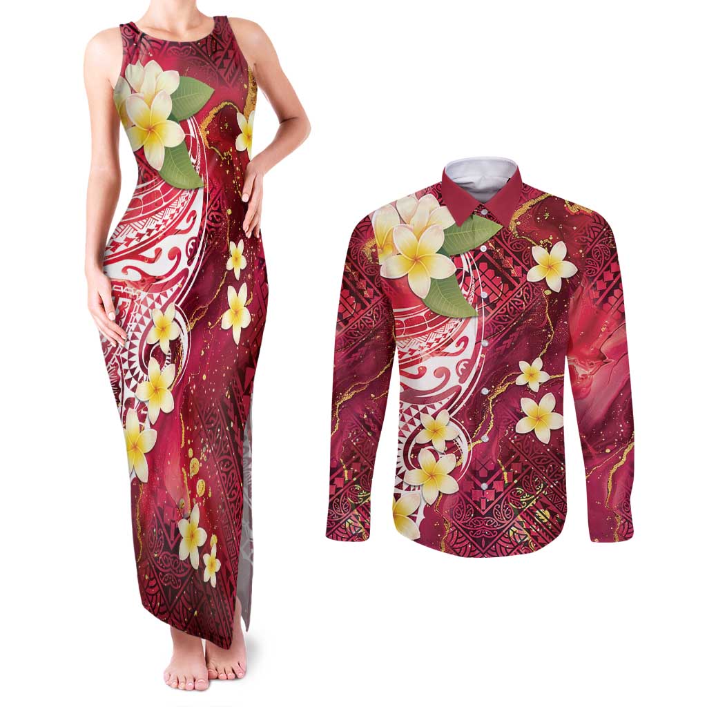 Polynesian Tribal Tattoo Couples Matching Tank Maxi Dress and Long Sleeve Button Shirt Plumeria Blood Red and Gold Marble Pattern