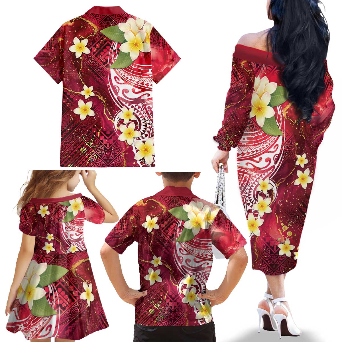 Polynesian Tribal Tattoo Family Matching Off The Shoulder Long Sleeve Dress and Hawaiian Shirt Plumeria Blood Red and Gold Marble Pattern