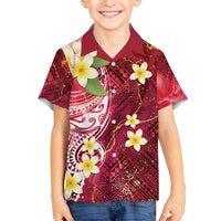 Polynesian Tribal Tattoo Family Matching Off The Shoulder Long Sleeve Dress and Hawaiian Shirt Plumeria Blood Red and Gold Marble Pattern