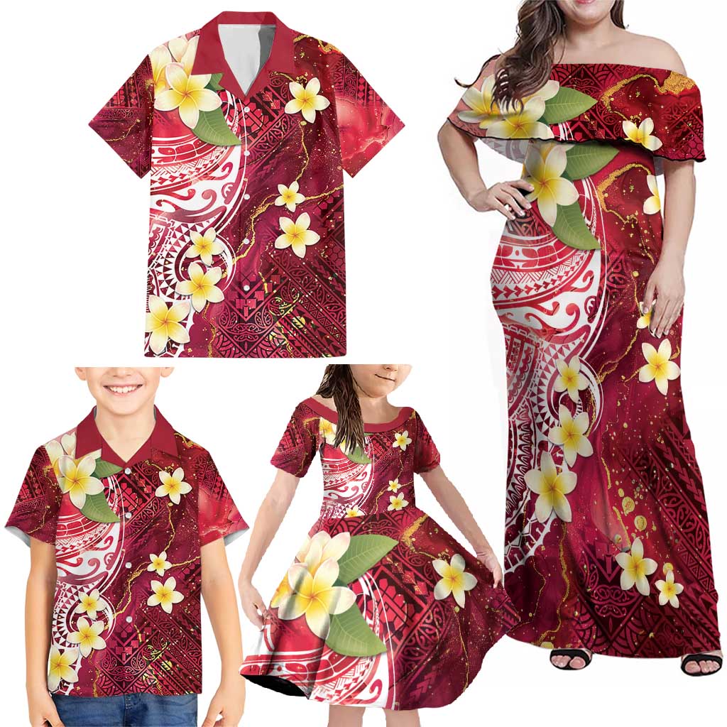 Polynesian Tribal Tattoo Family Matching Off Shoulder Maxi Dress and Hawaiian Shirt Plumeria Blood Red and Gold Marble Pattern