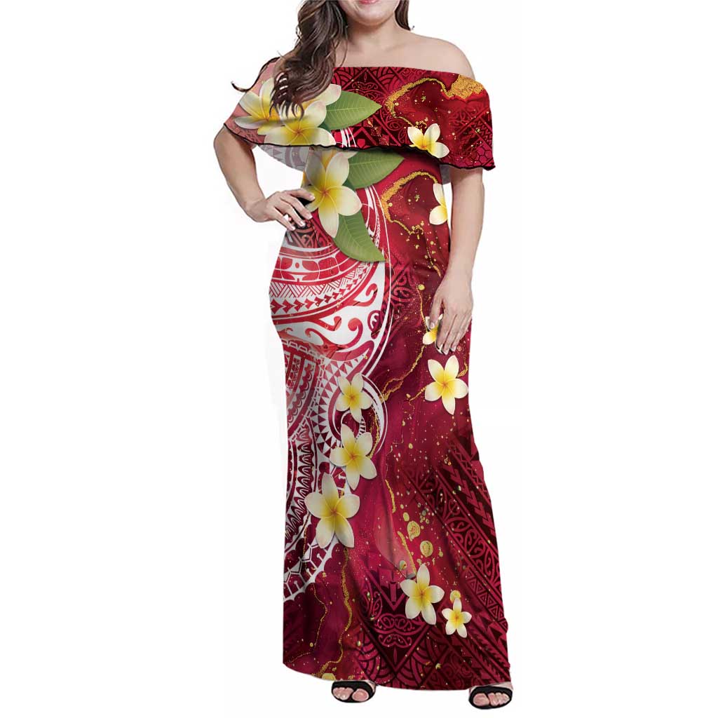 Polynesian Tribal Tattoo Family Matching Off Shoulder Maxi Dress and Hawaiian Shirt Plumeria Blood Red and Gold Marble Pattern