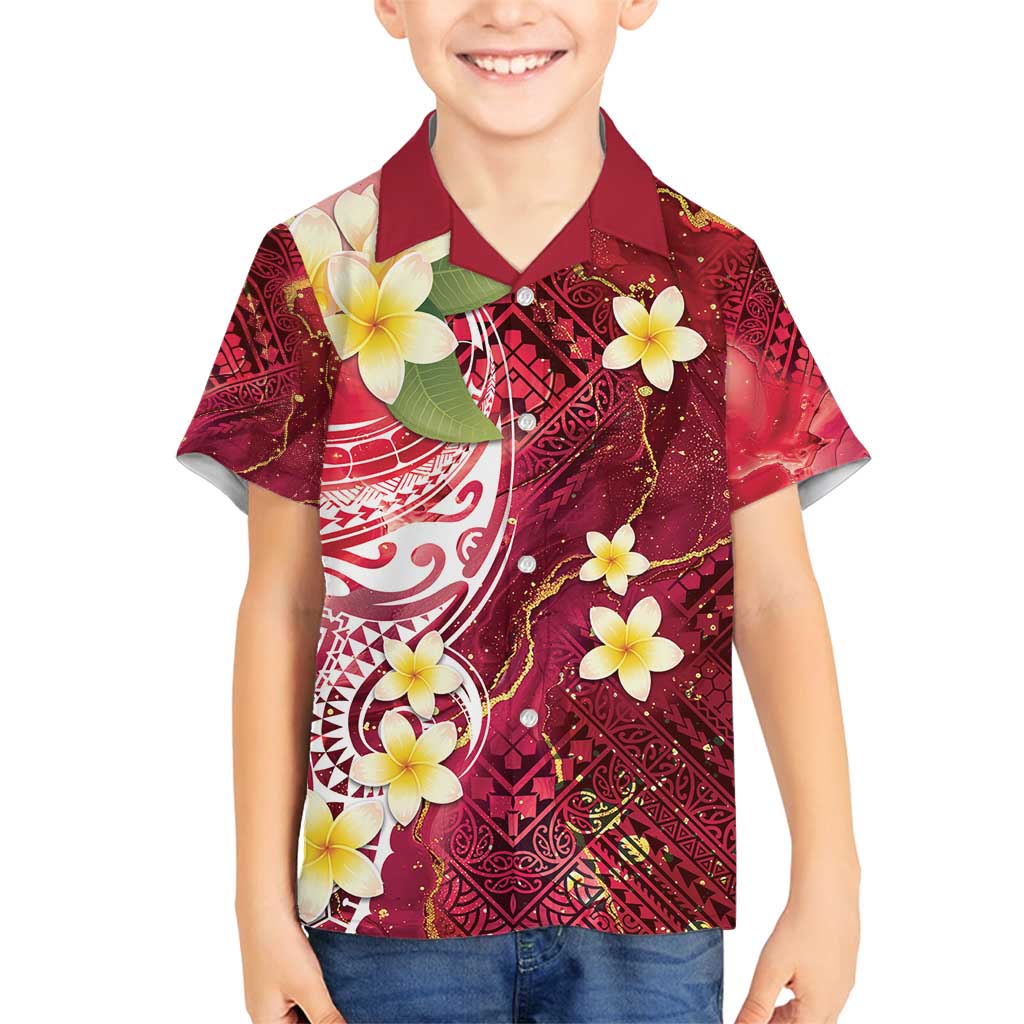 Polynesian Tribal Tattoo Family Matching Off Shoulder Maxi Dress and Hawaiian Shirt Plumeria Blood Red and Gold Marble Pattern