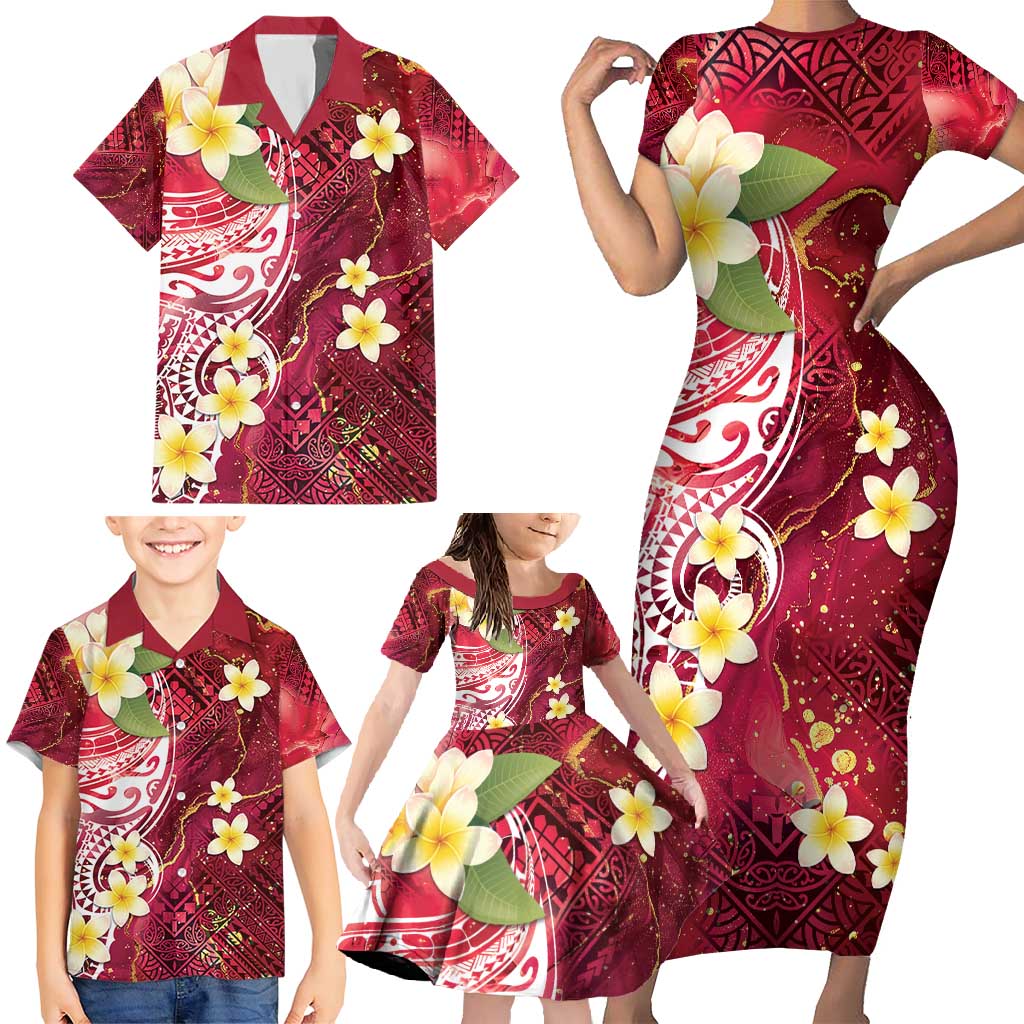 Polynesian Tribal Tattoo Family Matching Short Sleeve Bodycon Dress and Hawaiian Shirt Plumeria Blood Red and Gold Marble Pattern