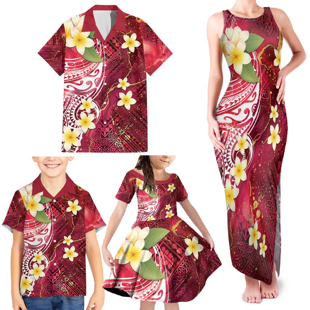Polynesian Tribal Tattoo Family Matching Tank Maxi Dress and Hawaiian Shirt Plumeria Blood Red and Gold Marble Pattern