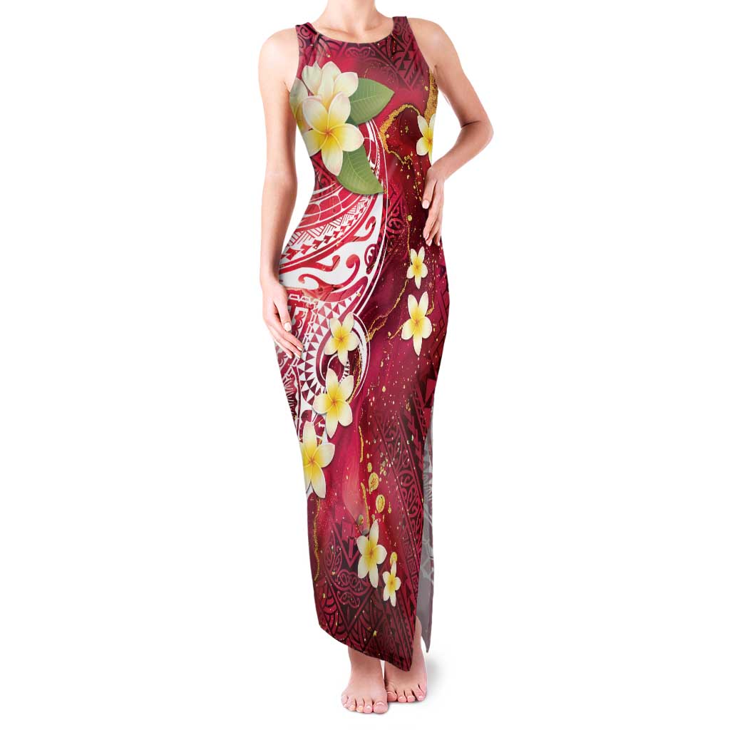 Polynesian Tribal Tattoo Family Matching Tank Maxi Dress and Hawaiian Shirt Plumeria Blood Red and Gold Marble Pattern