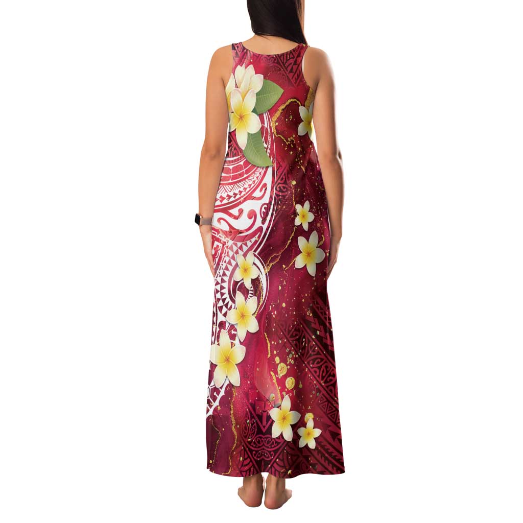 Polynesian Tribal Tattoo Family Matching Tank Maxi Dress and Hawaiian Shirt Plumeria Blood Red and Gold Marble Pattern