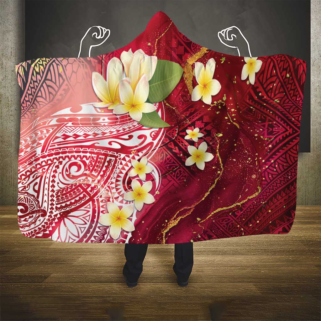 Polynesian Tribal Tattoo Hooded Blanket Plumeria Blood Red and Gold Marble Pattern LT9 - Polynesian Pride