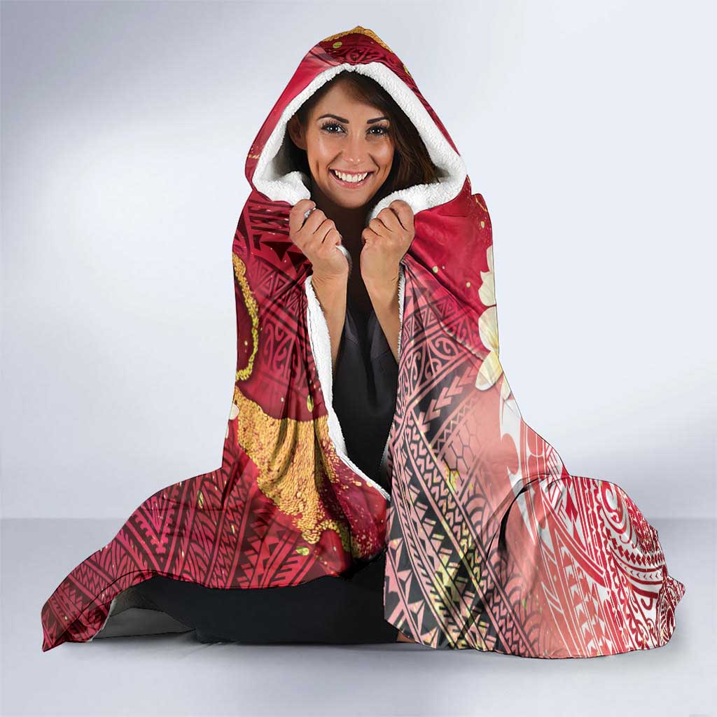 Polynesian Tribal Tattoo Hooded Blanket Plumeria Blood Red and Gold Marble Pattern LT9 - Polynesian Pride