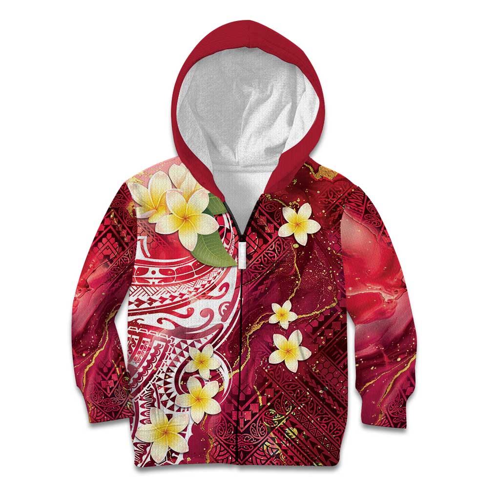 Polynesian Tribal Tattoo Kid Hoodie Plumeria Blood Red and Gold Marble Pattern LT9 Zip Hoodie Red - Polynesian Pride