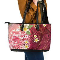 Polynesian Tribal Tattoo Leather Tote Bag Plumeria Blood Red and Gold Marble Pattern