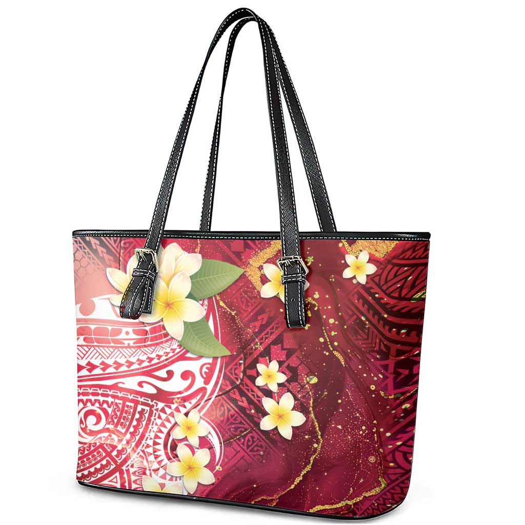 Polynesian Tribal Tattoo Leather Tote Bag Plumeria Blood Red and Gold Marble Pattern