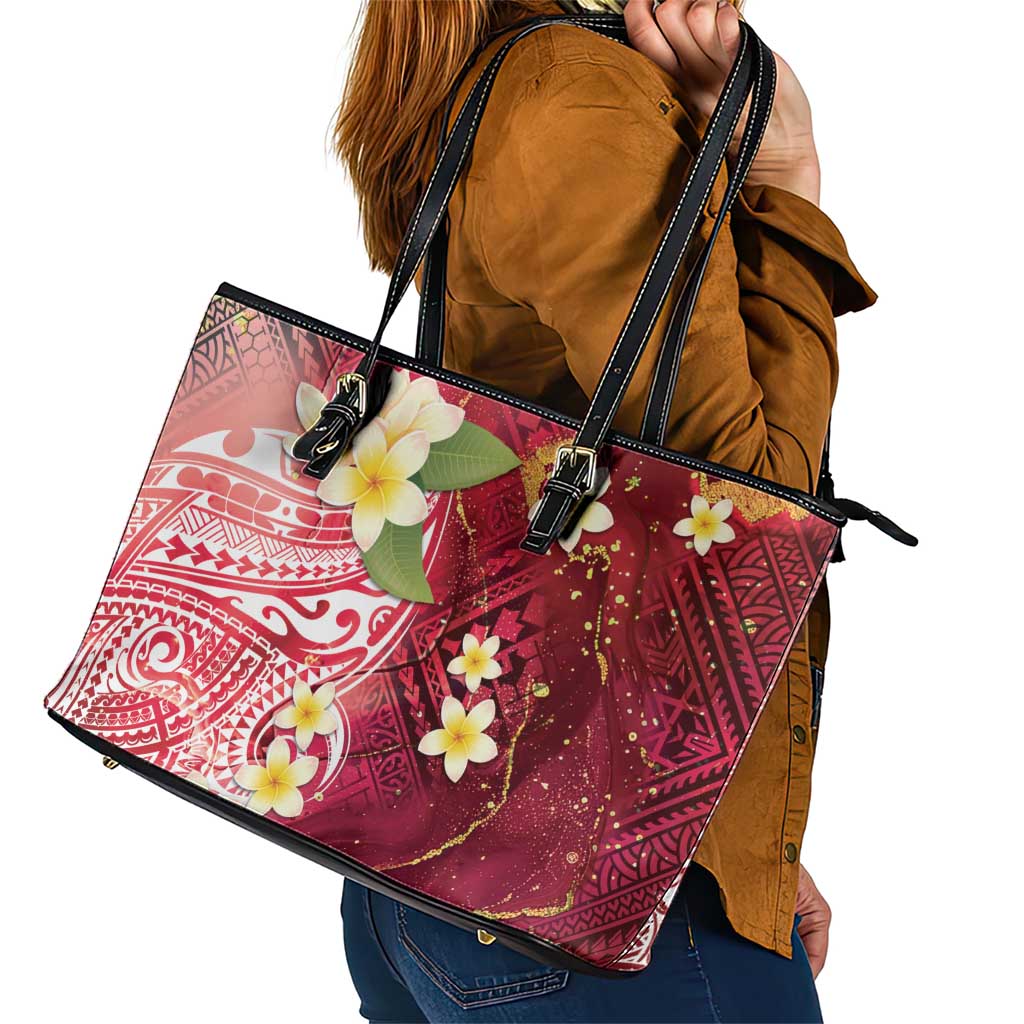 Polynesian Tribal Tattoo Leather Tote Bag Plumeria Blood Red and Gold Marble Pattern