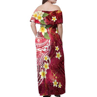 Polynesian Tribal Tattoo Off Shoulder Maxi Dress Plumeria Blood Red and Gold Marble Pattern