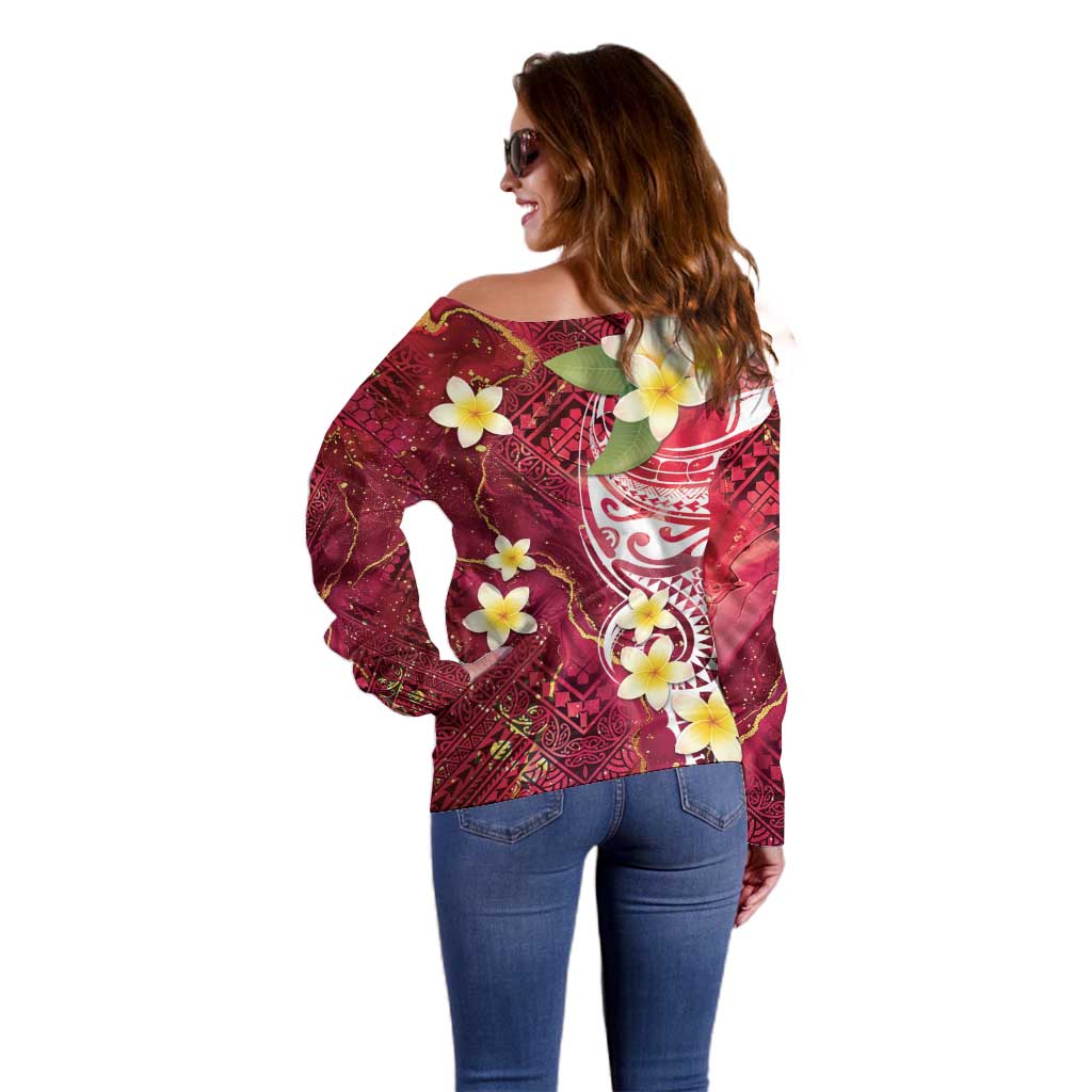 Polynesian Tribal Tattoo Off Shoulder Sweater Plumeria Blood Red and Gold Marble Pattern