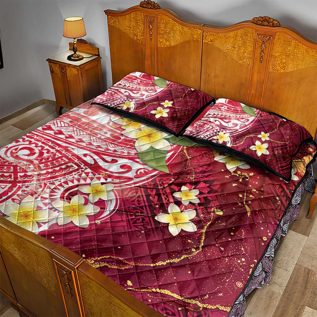 Polynesian Tribal Tattoo Quilt Bed Set Plumeria Blood Red and Gold Marble Pattern